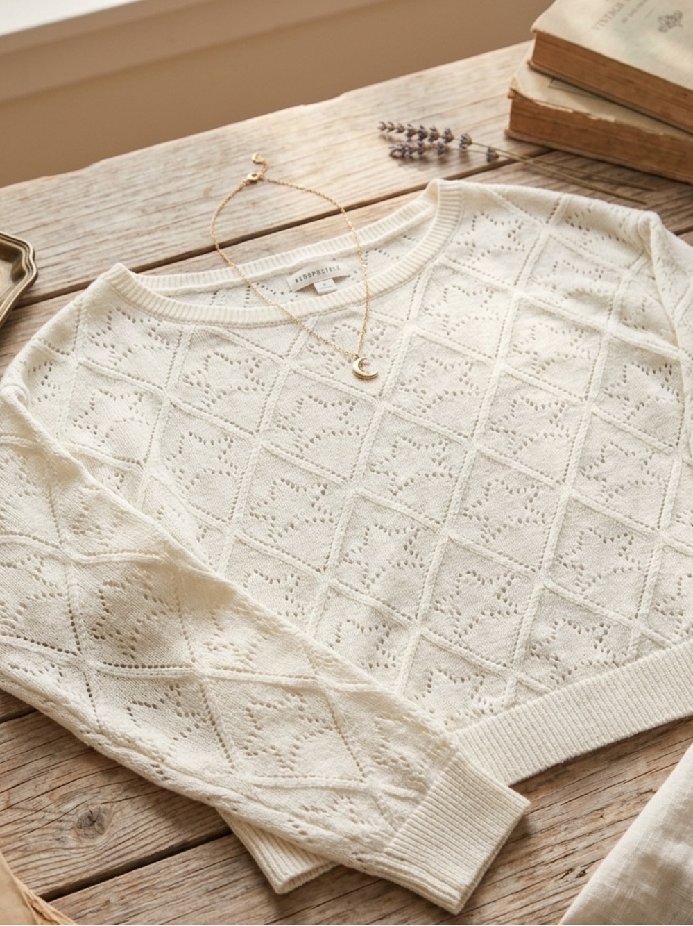 Aeropostale CreamOpen-Knit Diamond Sweater.